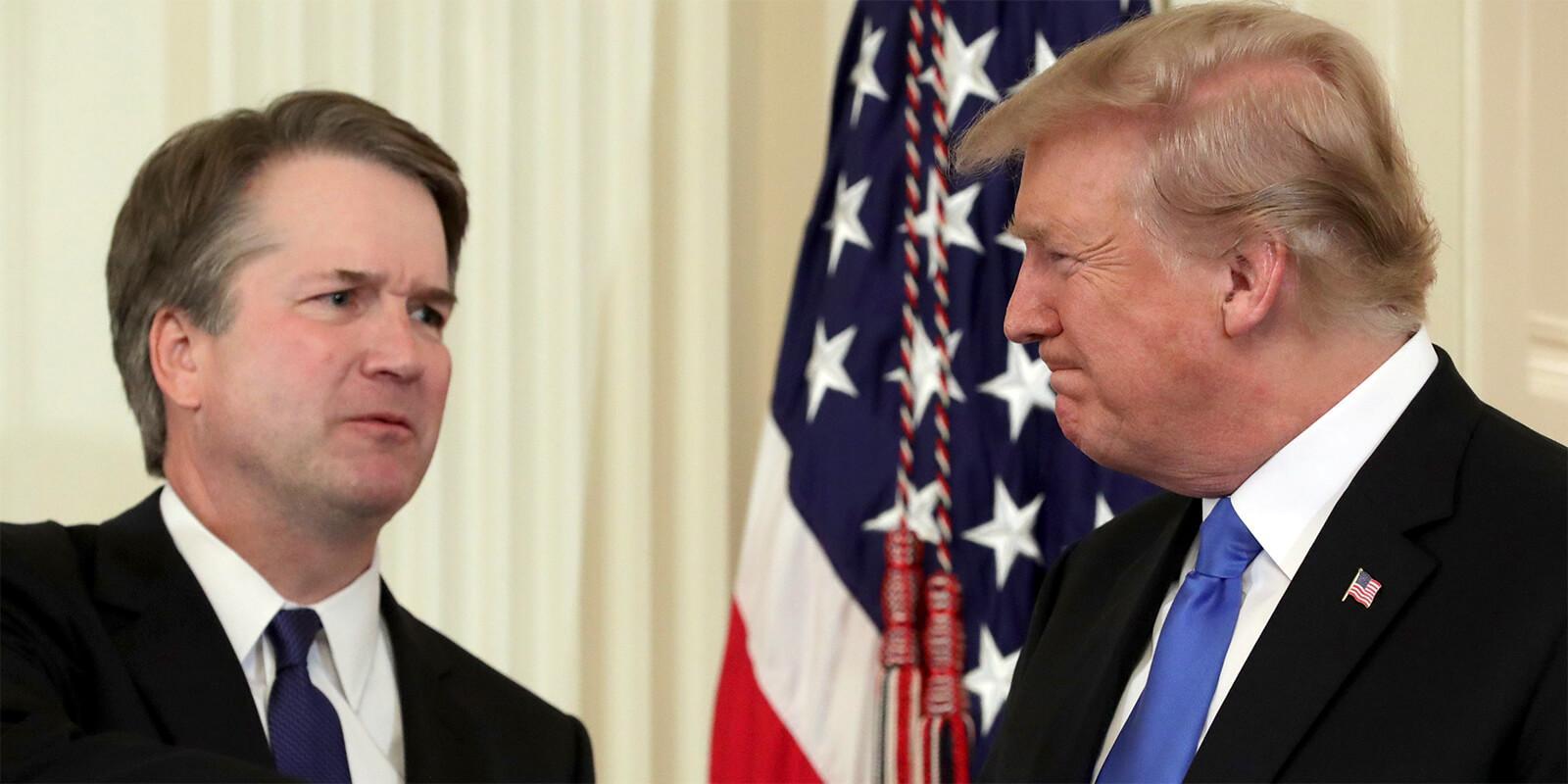 Pres. Trump squints at his SCOTUS nominee, Brett Kavanaugh